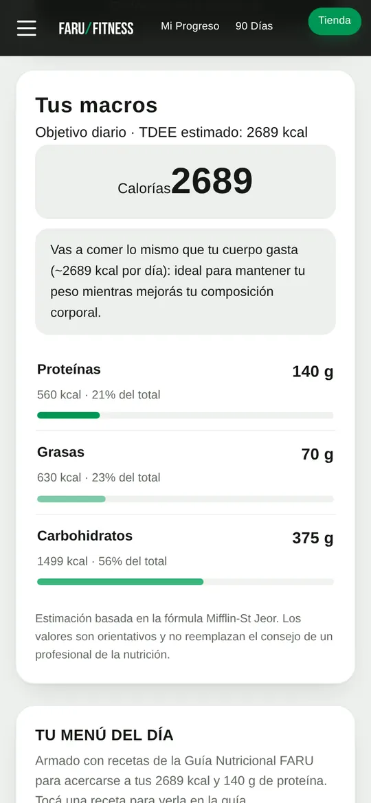 Calculadora de macros: calorías, proteínas, grasas y carbohidratos del día