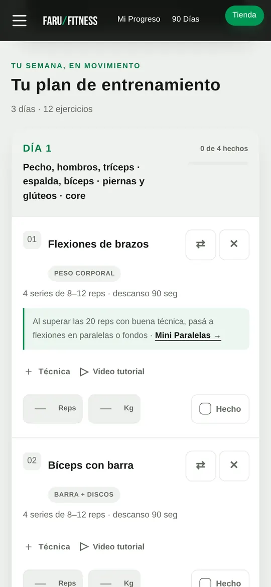 Plan de entrenamiento semanal con ejercicios, series y registro